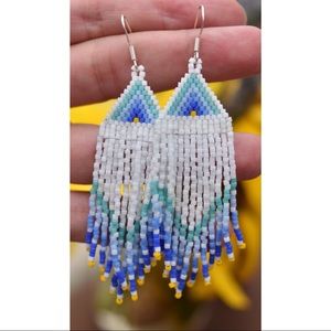 MIYUKI hand beaded, ocean colors earrings, white, blues, yellow